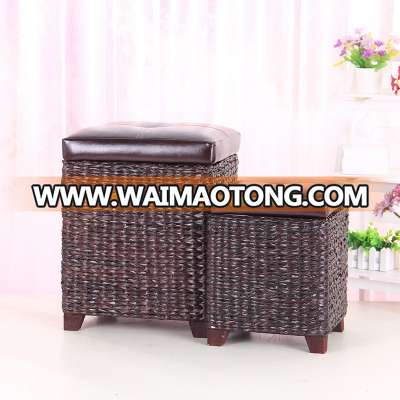 Faux Leather Lid Storage Ottoman with Bulrush Weave