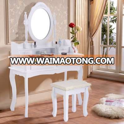 White Vanity Jewelry Makeup Dressing Table Set W Stool 4 Drawer Mirror Wood Desk